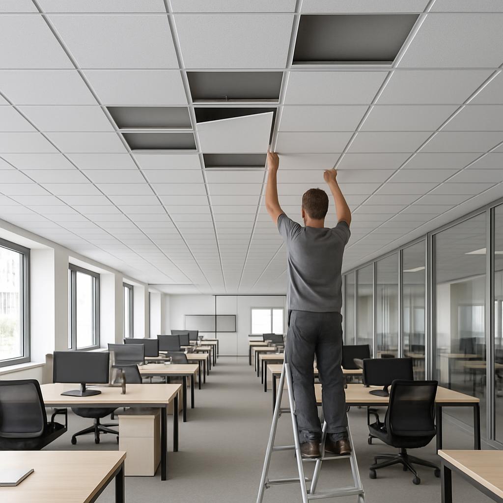 Man on a ladder in an office-changing ceiling tiles